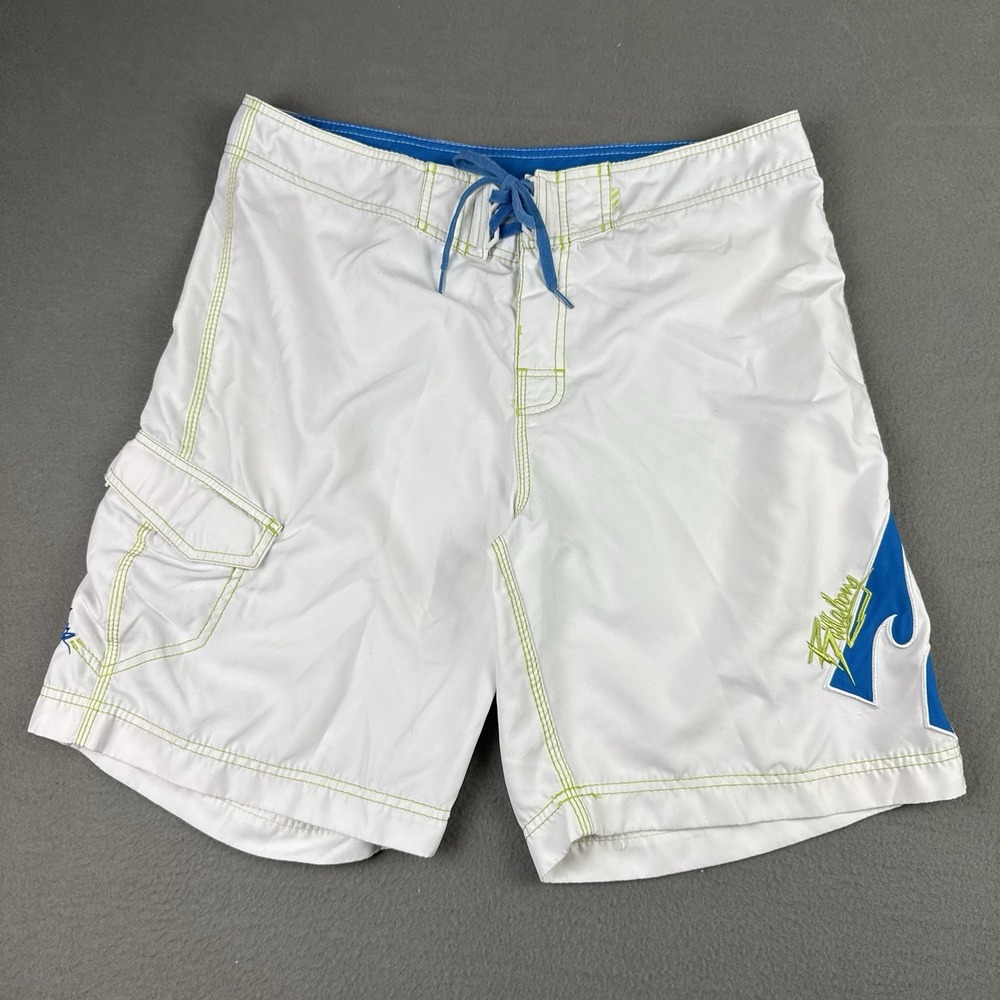 VTG Y2k Billabong Board Shorts Embroidered Letters Log White Green Mens Size‎ 36